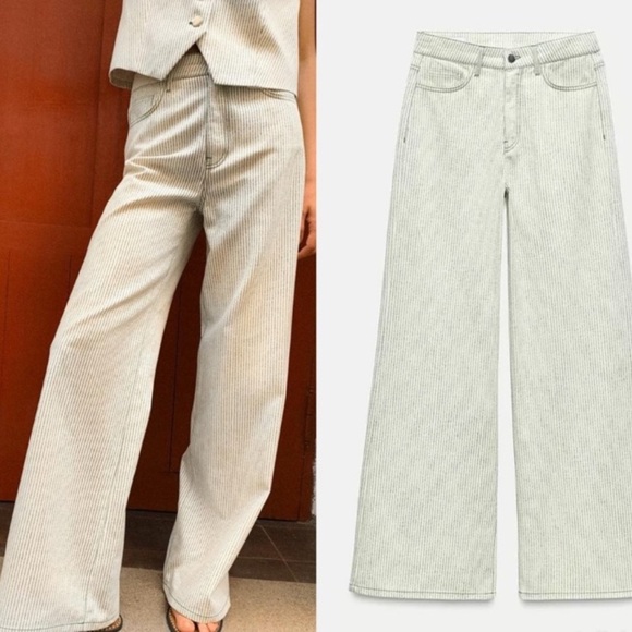 Zara cream and green Pin Striped Wide-Leg high rise 100% cotton jeans Pants 8 - Picture 10 of 10